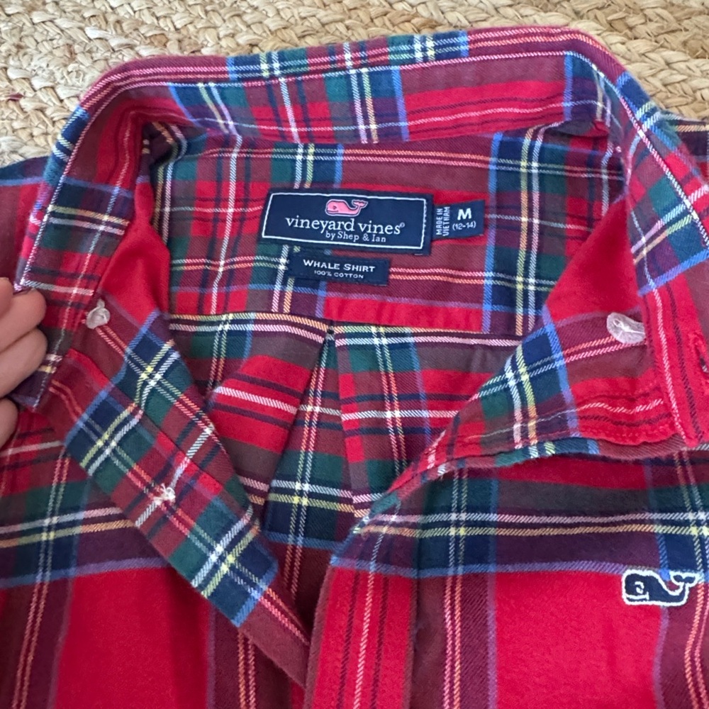 Vineyard Vines Men's Red and Blue Plaid Shirt